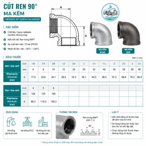 Cấu tạo bảng kích thước cút ren mạ kẽm