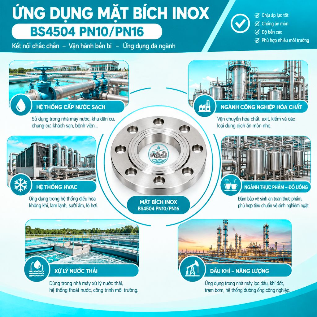 Ứng dụng mặt bích inox BS 4504 PN10 PN16