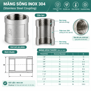 Bảng cấu tạo kích thước măng sông inox có G 304
