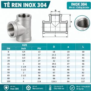 Cấu tạo bảng kích thước tê inox ren 304